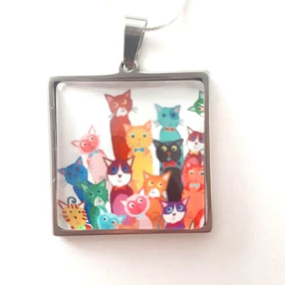 Hand Crafted Stainless Steel Cartoon Cats Charm Stamped Sterling Silver Necklace - Picture 4 of 5
